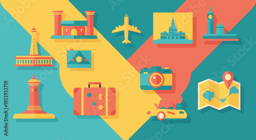 Travel Icons: Landmarks, Suitcase, Camera, Airplane, Map, Car