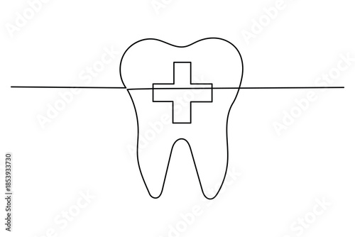 Tooth with a medical cross in the middle in one line drawing style