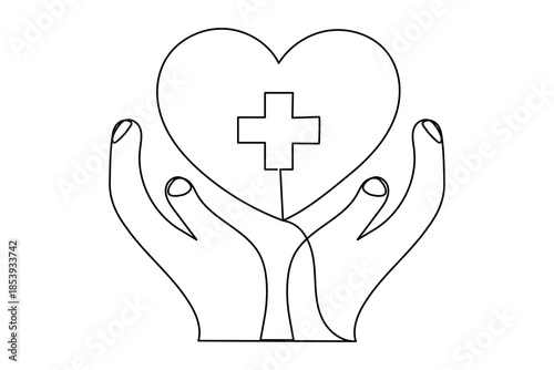 Continuous one line drawing of hands holding a heart with a medical cross symbol