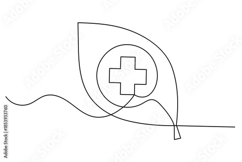 Continuous one line drawing of a medical cross inside a leaf for natural healthcare