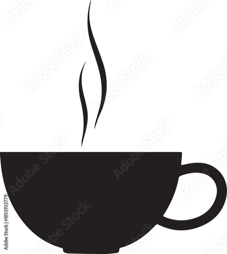 Minimal silhouette style vector tea cup logo design featuring clean black shapes, simple elegant line art, modern minimalist beverage icon ideal for café branding, tea shops, organic drink labels, pac