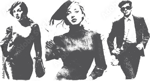 Fashion models in a vintage style. The illustration features elegant attire and trendy outfits, showcasing a stylish set of vector images.