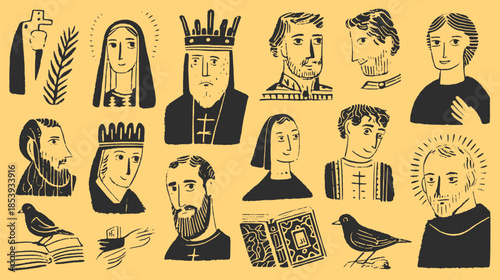 Vintage illustration of historical character portraits. A simple black and white vector set showcasing cultural and religious themes.