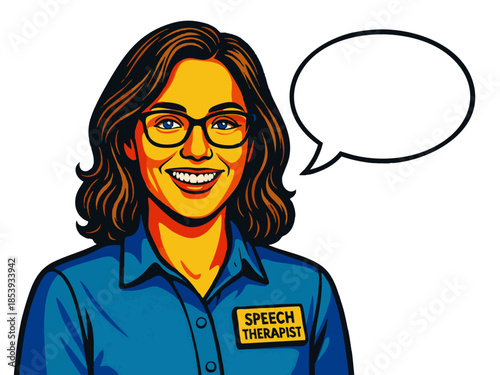 cheerful female speech therapist wearing glasses and a lab coat, with speech bubble for editable message or text. Generative ai vector colorful pop art illustration.
