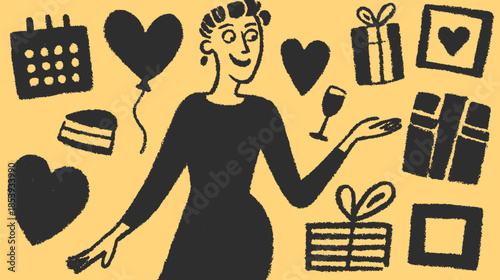 Celebration illustration featuring a person with gifts and cake in a black and yellow design. Simple vector art set reflecting festive themes.