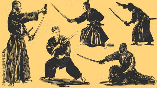 Samurai characters with swords in various postures. Black and white vector illustration set showcasing martial arts techniques.