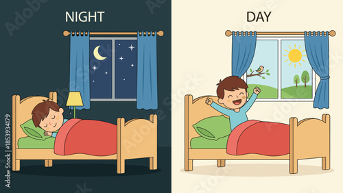 Educational vector illustration showing antonyms night and day, cute cartoon boy sleeping in bed and waking up happy in morning.