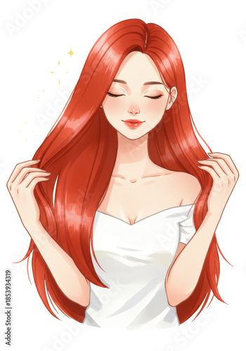 Young asian woman with vibrant auburn red hair, closed eyes, serene smile, delicately styling her hair against a transparent background with ethereal yellow stars, luxurious hair care concept