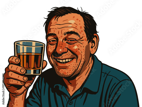 hardened alcoholic with visible signs of alcohol abuse smiling while holding a alcohol in hand. Generative ai vector colorful pop art illustration.