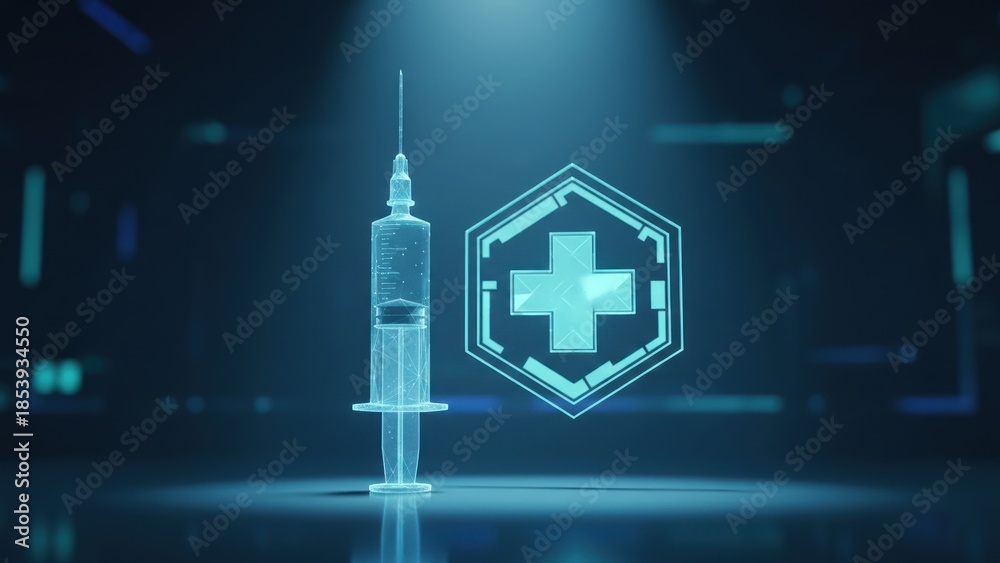 Naklejka premium Futuristic holographic syringe and hexagon health emblem in digital space, medical technology concept, vaccine planning, public health