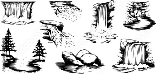 Multiple waterfalls and rocks in black and white vector illustration. Scenic nature set featuring trees and flowing streams.