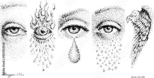 Eye illustration with intricate dot detail in black and white. Unique graphic design set representing spiritual vision and expression.