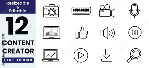 Content creator line icons set for social media and digital marketing