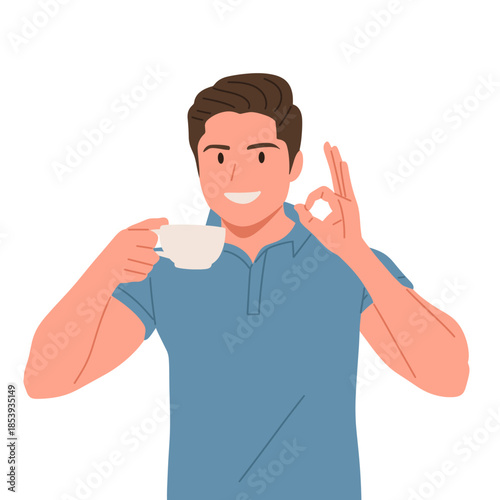 Men and women drinking coffee and tea in different poses, enjoying hot beverages during daily routines. Flat vector illustration set showing people relaxing with cups and mugs at home, office, or cafe