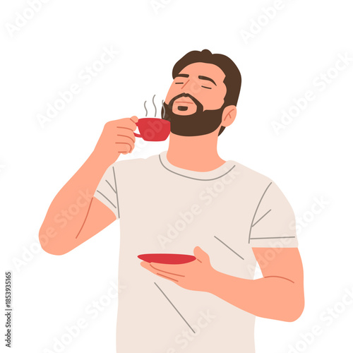 Men and women drinking coffee and tea in different poses, enjoying hot beverages during daily routines. Flat vector illustration set showing people relaxing with cups and mugs at home, office, or cafe