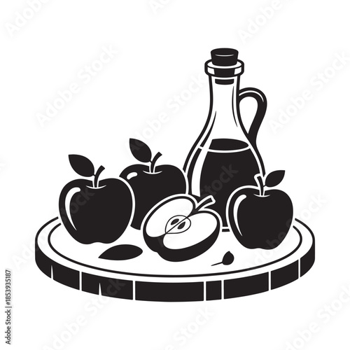 Still life illustration of apples and a bottle on a wooden surface