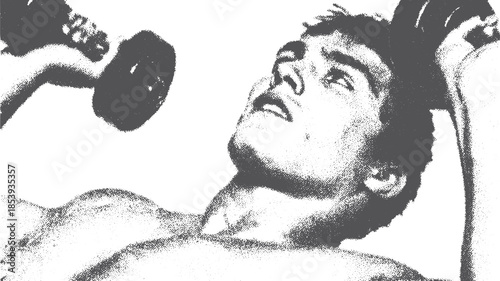 Male fitness illustration of weightlifting with a dumbbell. Simple black and white vector illustration focused on muscle strength and workout performance.