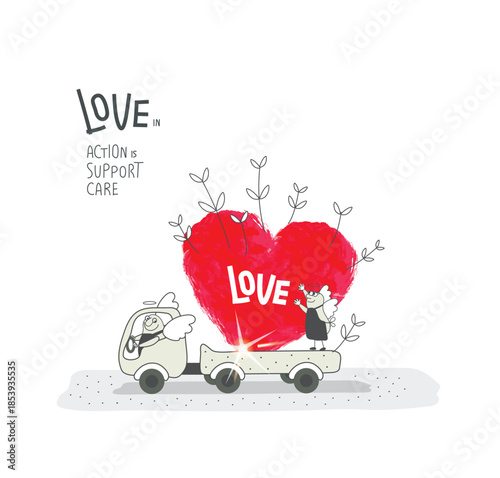 Vector cartoon sketch of Angels who delivered a large red 
heart on a truck as a sign of love. Angel advise by creating a seed of love in actions.Concept of philanthropy and support. Happy valentine's