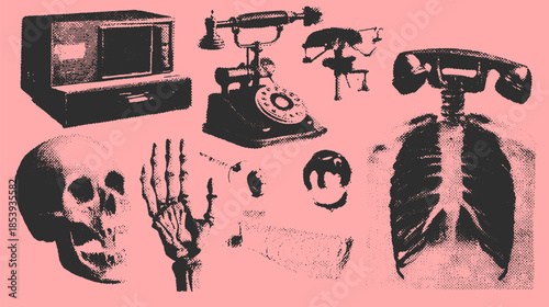 Vintage telephone and skeleton in a set. Historical equipment and medical illustrations in black and white vector format.