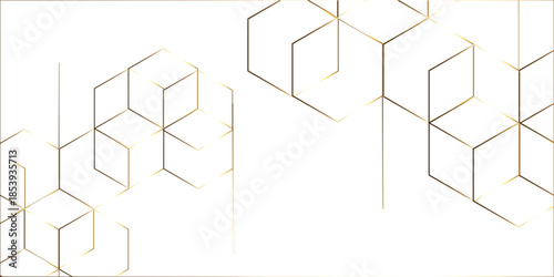 Abstract white background with gold hexagons seamless pattern and geometric in vector design. Futuristic blue neon honeycombs. Modern technology design .Minimal style website banner, decoration .