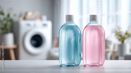 Laundry detergent bottles in a bright, clean laundry room setting