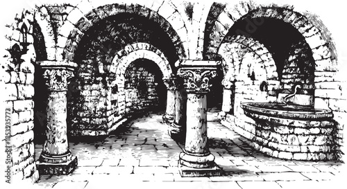 Gothic crypt architecture featuring stone columns and a fountain. Vintage vector illustration showcasing historical interior design in a detailed engraving set.