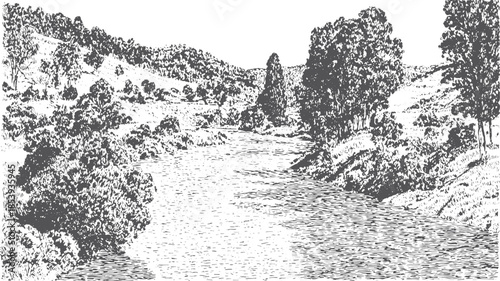 A vector illustration of a river flowing through a lush landscape. The black and white drawing features trees, hills, and a serene wilderness.