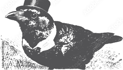 Vintage bird illustration of a classic crow in a tuxedo with a hat. This detailed graphic showcases a unique design in monochrome vector style.