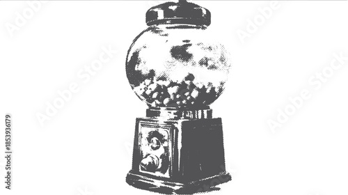Gumball machine featuring colorful candy balls in a simple black and white style. Classic vintage vector illustration.