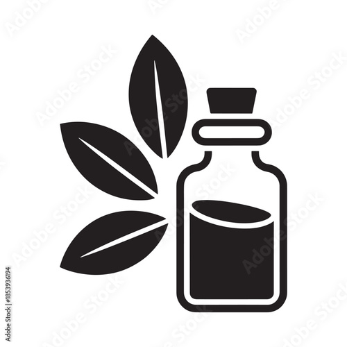Essential oil bottle with leaves a natural wellness and aromatherapy icon