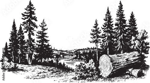 Vintage black and white illustration of a forest landscape featuring tall trees and a log. This detailed vector drawing captures natural scenery.