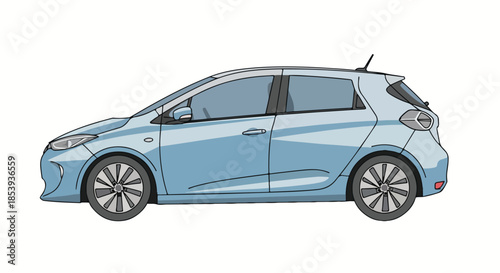 Light blue electric car illustration on a white background, automotive concept