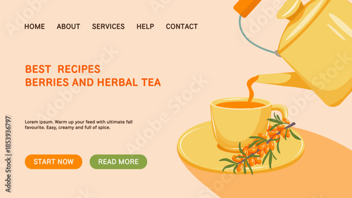 Landing page banner with sea buckthorn herbal tea. Cozy autumn illustration with teapot, cup and berries. Template for website, blog, recipe page or healthy lifestyle concept. Vector illustration.