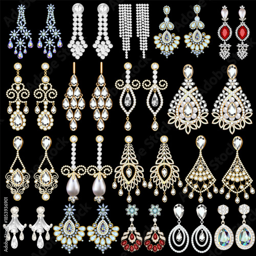 Illustration set of jewelry gold earrings with chains and precious stones