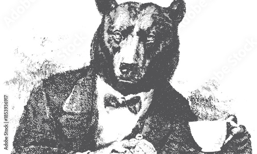 Bear in a tuxedo with a teacup. Vintage and detailed animal vector illustration showcasing a sophisticated character in black and white.