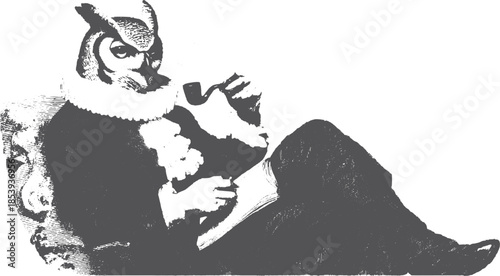 Owl character in a vintage illustration style, dressed in a collar and smoking a pipe. Unique vector illustration with classic details.