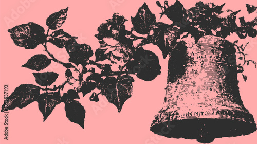 Vintage bell with floral branch and leaves. Black and white vector illustration created for decor, embodying elegance and simplicity in a cohesive design.