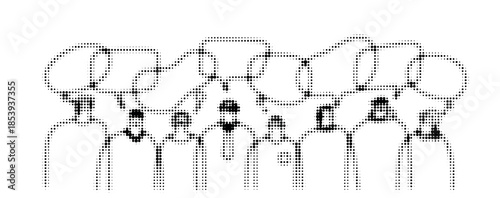 Abstract crowd silhouettes with overlapping speech bubbles in halftone dot style. Symbol of social network and public communication.