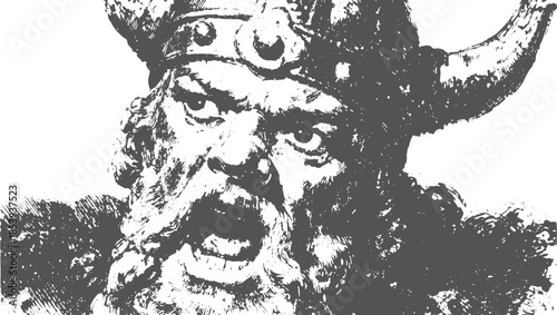 Angry Viking warrior illustration in bold black and white vector art. Showcasing a fierce expression with historical detail.