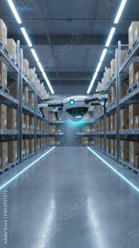 White autonomous drone scans warehouse inventory with blue energy waves, ai logistics automation, drone inspection, industrial drone