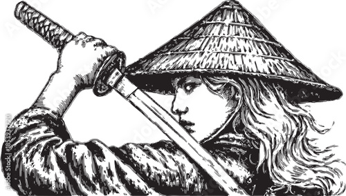 Swordswoman in vintage illustration style. Detailed black and white vector illustration of a warrior with straw hat and sword, showcasing strength and tradition.
