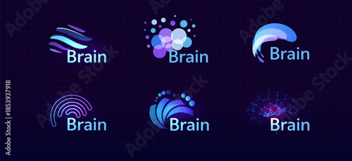 Brain Logo Icon Smart Digital Transformation Symbol AI Artificial Intelligence Computer Neural Science Research Technology. Abstract Creative Future Brains Set Logos Purple Color. Vector Illustration