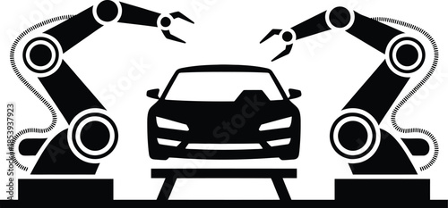 Robotic arms assembling a car in a modern factory setting