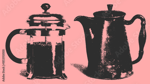 Vintage coffee and teapot set in a simple design. Metal and glass drinkware vector illustration, suitable for kitchen or home decor.