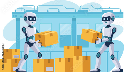 Robots efficiently handling and moving boxes in a warehouse setting