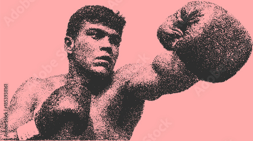 Boxer delivering a punch in a dynamic action pose. Simple vector illustration featuring a male fighter against a pink background.
