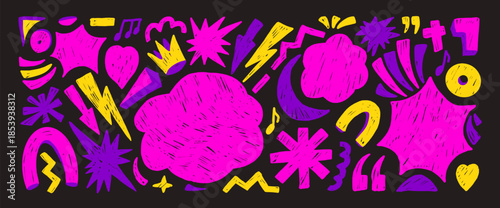 Bang callout neon colors background. Geometric and organic abstract figures hand drawn punk scribbles set. Music note, lightning, arrows, heart stickers. Vector illustration on black background.