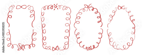 Bachelorette crayon whimsical frames. Coquette borders with bows set. Ribbon squiggle menu cadre. Vector wedding frame isolated on white background. Christmas or festive oval and rectangle forms.