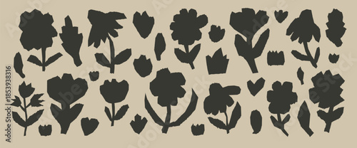 Craft torn paper cutout flowers stickers irregular silhouette. Set of simple figures of naive florals with rough edges. Black mixed media collage wildflowers cut out. Vector scrap book angular element