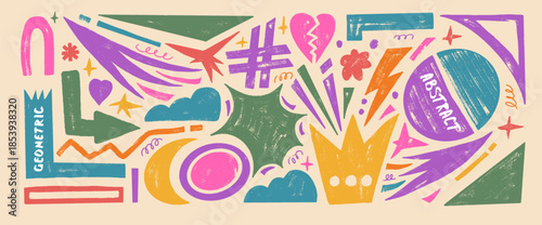 Playful doodle set of geometric stickers with chalk texture, including arrows, triangles, crowns, and irregular forms for modern illustration and kid-friendly art. Vector pastel funky set background.